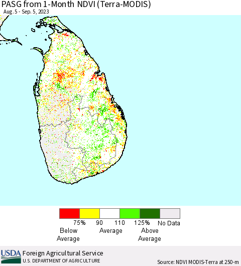 Sri Lanka PASG from 1-Month NDVI (Terra-MODIS) Thematic Map For 9/1/2023 - 9/10/2023
