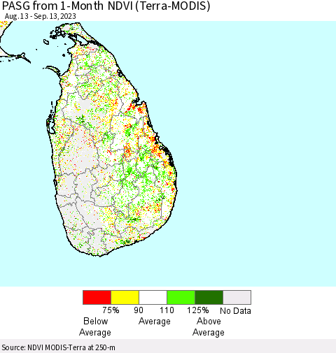 Sri Lanka PASG from 1-Month NDVI (Terra-MODIS) Thematic Map For 9/6/2023 - 9/13/2023