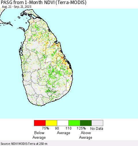 Sri Lanka PASG from 1-Month NDVI (Terra-MODIS) Thematic Map For 9/14/2023 - 9/21/2023