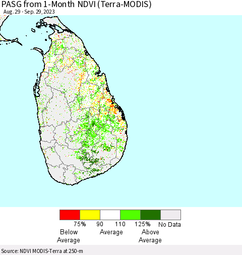 Sri Lanka PASG from 1-Month NDVI (Terra-MODIS) Thematic Map For 9/22/2023 - 9/29/2023