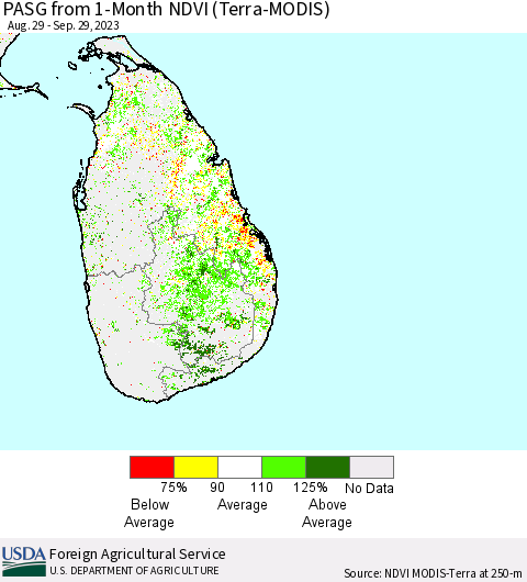 Sri Lanka PASG from 1-Month NDVI (Terra-MODIS) Thematic Map For 9/21/2023 - 9/30/2023