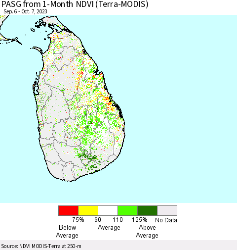 Sri Lanka PASG from 1-Month NDVI (Terra-MODIS) Thematic Map For 9/30/2023 - 10/7/2023