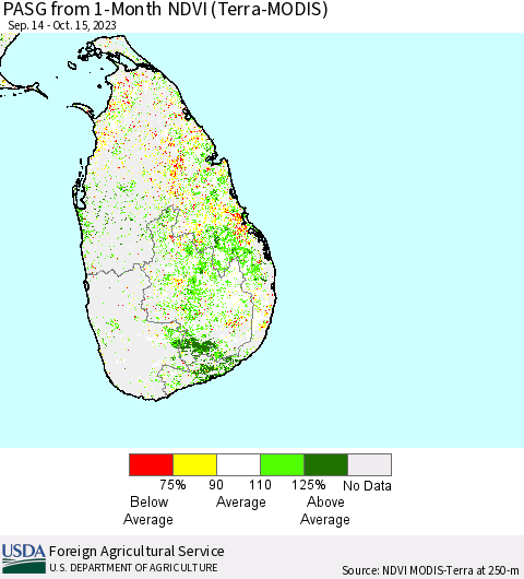 Sri Lanka PASG from 1-Month NDVI (Terra-MODIS) Thematic Map For 10/11/2023 - 10/20/2023