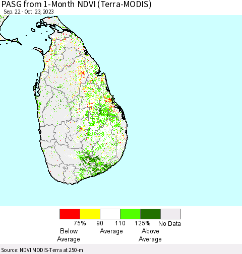 Sri Lanka PASG from 1-Month NDVI (Terra-MODIS) Thematic Map For 10/16/2023 - 10/23/2023