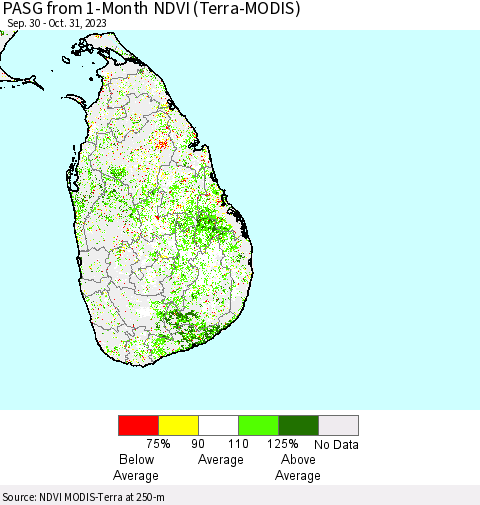 Sri Lanka PASG from 1-Month NDVI (Terra-MODIS) Thematic Map For 10/21/2023 - 10/31/2023