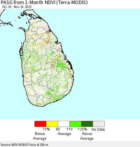 Sri Lanka PASG from 1-Month NDVI (Terra-MODIS) Thematic Map For 11/9/2023 - 11/16/2023