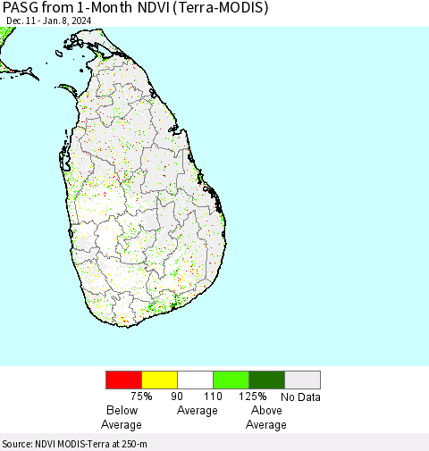 Sri Lanka PASG from 1-Month NDVI (Terra-MODIS) Thematic Map For 1/1/2024 - 1/8/2024