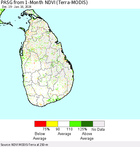 Sri Lanka PASG from 1-Month NDVI (Terra-MODIS) Thematic Map For 1/9/2024 - 1/16/2024