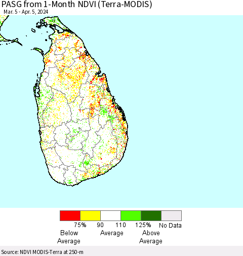 Sri Lanka PASG from 1-Month NDVI (Terra-MODIS) Thematic Map For 3/29/2024 - 4/5/2024