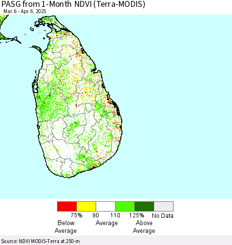 Sri Lanka PASG from 1-Month NDVI (Terra-MODIS) Thematic Map For 3/30/2025 - 4/6/2025