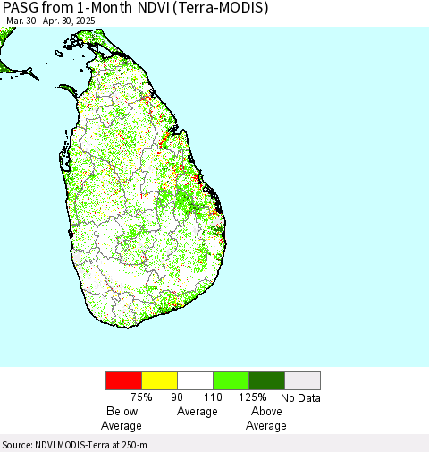 Sri Lanka PASG from 1-Month NDVI (Terra-MODIS) Thematic Map For 4/23/2025 - 4/30/2025