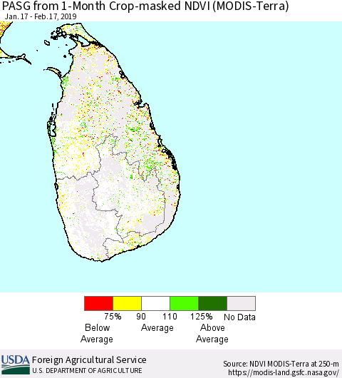 Sri Lanka PASG from 1-Month Crop-masked NDVI (MODIS-Terra) Thematic Map For 2/11/2019 - 2/20/2019