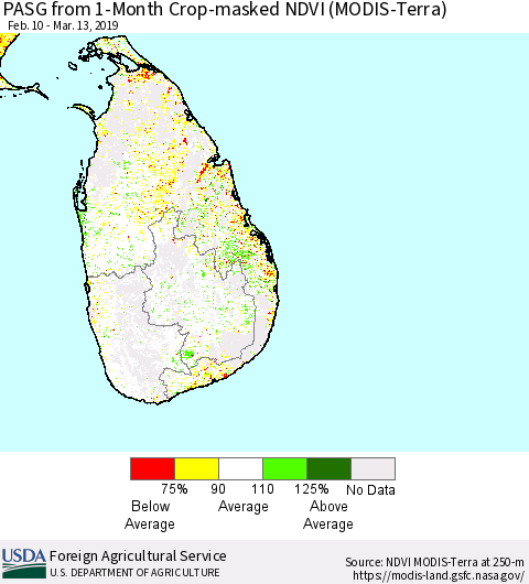 Sri Lanka PASG from 1-Month Crop-masked NDVI (MODIS-Terra) Thematic Map For 3/11/2019 - 3/20/2019