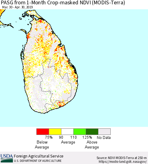 Sri Lanka PASG from 1-Month Crop-masked NDVI (MODIS-Terra) Thematic Map For 4/21/2019 - 4/30/2019