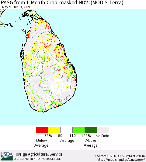 Sri Lanka PASG from 1-Month Cropland NDVI (Terra-MODIS) Thematic Map For 6/1/2019 - 6/10/2019