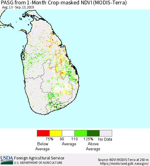 Sri Lanka PASG from 1-Month Cropland NDVI (Terra-MODIS) Thematic Map For 9/11/2019 - 9/20/2019