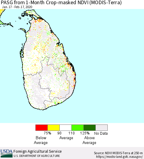 Sri Lanka PASG from 1-Month Crop-masked NDVI (MODIS-Terra) Thematic Map For 2/11/2020 - 2/20/2020