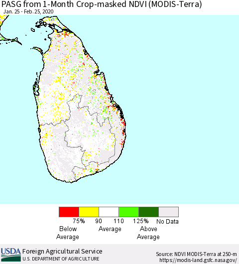Sri Lanka PASG from 1-Month Cropland NDVI (Terra-MODIS) Thematic Map For 2/21/2020 - 2/29/2020