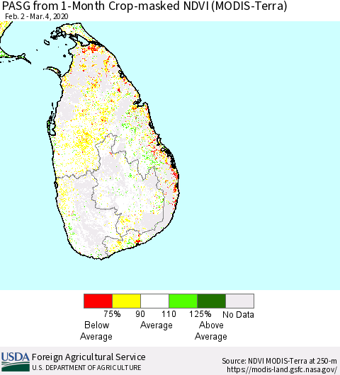 Sri Lanka PASG from 1-Month Cropland NDVI (Terra-MODIS) Thematic Map For 3/1/2020 - 3/10/2020