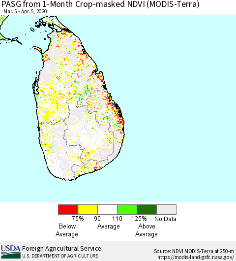 Sri Lanka PASG from 1-Month Cropland NDVI (Terra-MODIS) Thematic Map For 4/1/2020 - 4/10/2020
