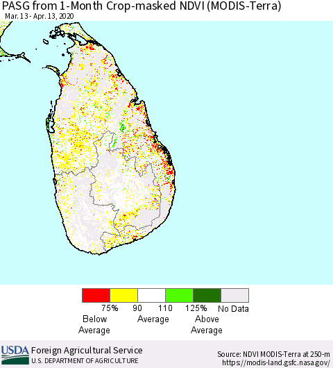 Sri Lanka PASG from 1-Month Cropland NDVI (Terra-MODIS) Thematic Map For 4/11/2020 - 4/20/2020