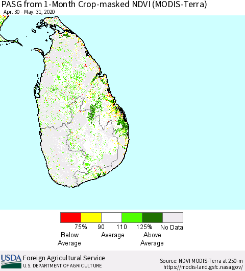 Sri Lanka PASG from 1-Month Cropland NDVI (Terra-MODIS) Thematic Map For 5/21/2020 - 5/31/2020