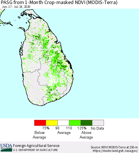 Sri Lanka PASG from 1-Month Cropland NDVI (Terra-MODIS) Thematic Map For 7/11/2020 - 7/20/2020