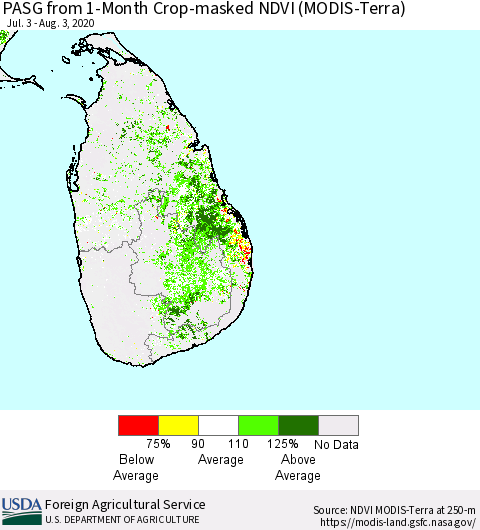 Sri Lanka PASG from 1-Month Cropland NDVI (Terra-MODIS) Thematic Map For 8/1/2020 - 8/10/2020