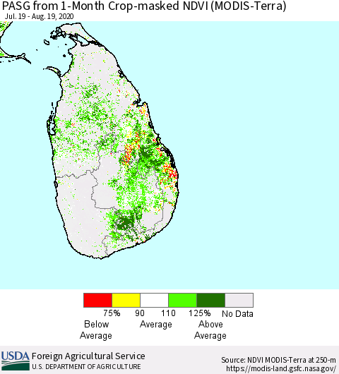 Sri Lanka PASG from 1-Month Cropland NDVI (Terra-MODIS) Thematic Map For 8/11/2020 - 8/20/2020