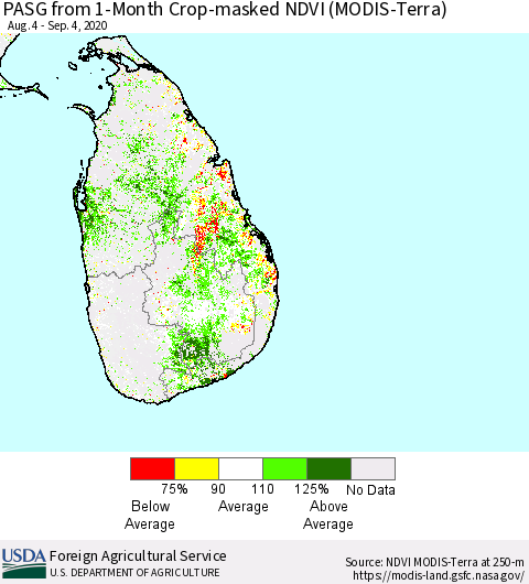 Sri Lanka PASG from 1-Month Cropland NDVI (Terra-MODIS) Thematic Map For 9/1/2020 - 9/10/2020