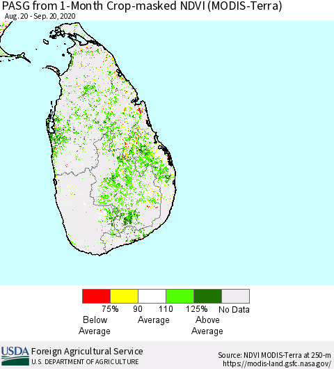 Sri Lanka PASG from 1-Month Cropland NDVI (Terra-MODIS) Thematic Map For 9/11/2020 - 9/20/2020