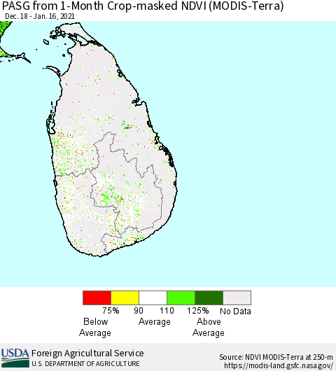 Sri Lanka PASG from 1-Month Cropland NDVI (Terra-MODIS) Thematic Map For 1/11/2021 - 1/20/2021