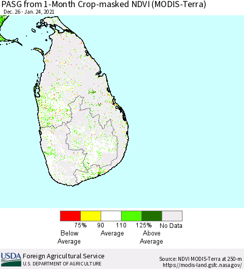 Sri Lanka PASG from 1-Month Crop-masked NDVI (MODIS-Terra) Thematic Map For 1/21/2021 - 1/31/2021