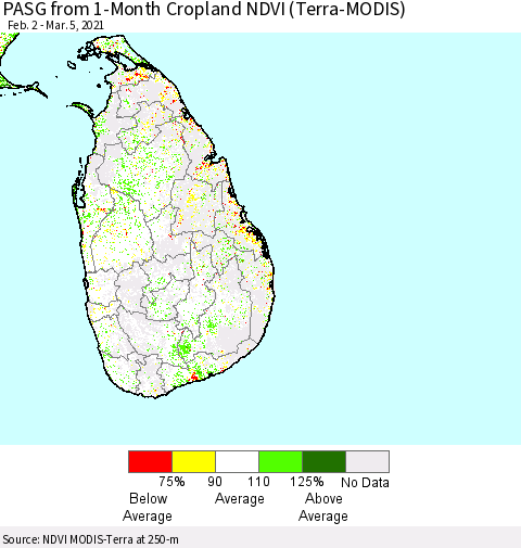Sri Lanka PASG from 1-Month Cropland NDVI (Terra-MODIS) Thematic Map For 2/26/2021 - 3/5/2021