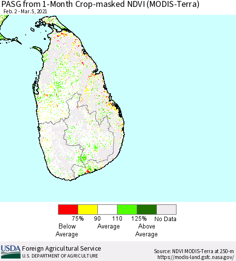 Sri Lanka PASG from 1-Month Cropland NDVI (Terra-MODIS) Thematic Map For 3/1/2021 - 3/10/2021