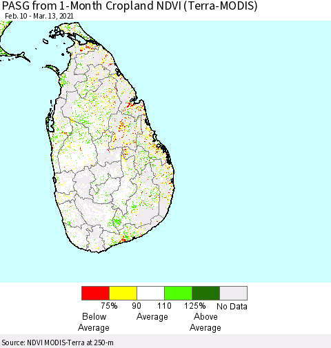 Sri Lanka PASG from 1-Month Cropland NDVI (Terra-MODIS) Thematic Map For 3/6/2021 - 3/13/2021