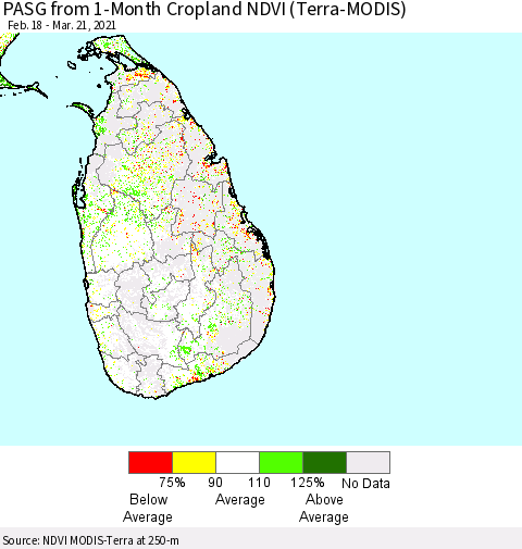 Sri Lanka PASG from 1-Month Cropland NDVI (Terra-MODIS) Thematic Map For 3/14/2021 - 3/21/2021
