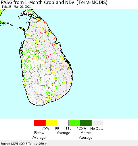 Sri Lanka PASG from 1-Month Cropland NDVI (Terra-MODIS) Thematic Map For 3/22/2021 - 3/29/2021