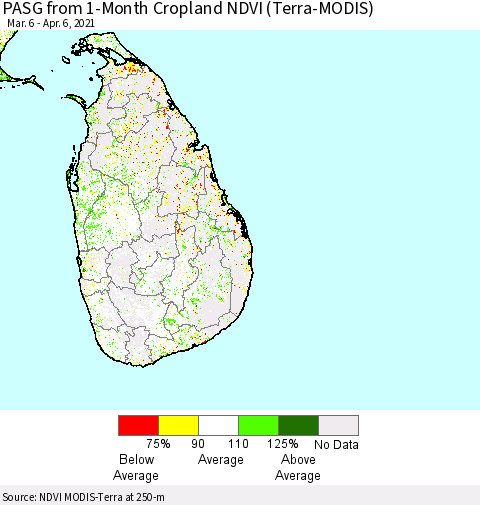 Sri Lanka PASG from 1-Month Cropland NDVI (Terra-MODIS) Thematic Map For 3/30/2021 - 4/6/2021