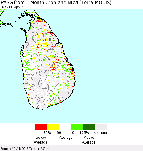 Sri Lanka PASG from 1-Month Cropland NDVI (Terra-MODIS) Thematic Map For 4/7/2021 - 4/14/2021