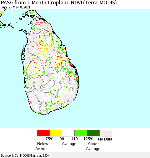 Sri Lanka PASG from 1-Month Cropland NDVI (Terra-MODIS) Thematic Map For 5/1/2021 - 5/8/2021