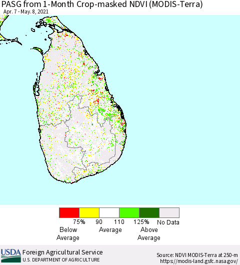 Sri Lanka PASG from 1-Month Cropland NDVI (Terra-MODIS) Thematic Map For 5/1/2021 - 5/10/2021