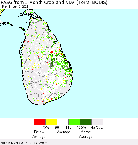 Sri Lanka PASG from 1-Month Cropland NDVI (Terra-MODIS) Thematic Map For 5/25/2021 - 6/1/2021