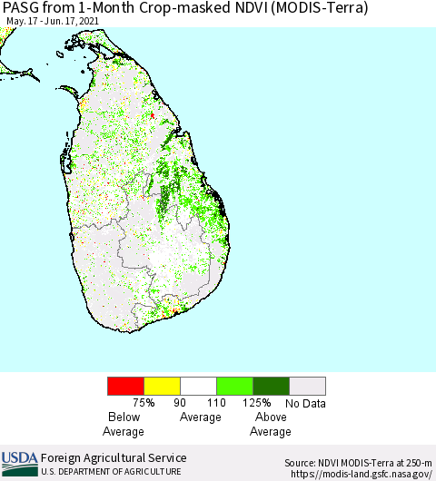 Sri Lanka PASG from 1-Month Cropland NDVI (Terra-MODIS) Thematic Map For 6/11/2021 - 6/20/2021