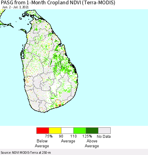 Sri Lanka PASG from 1-Month Cropland NDVI (Terra-MODIS) Thematic Map For 6/26/2021 - 7/3/2021