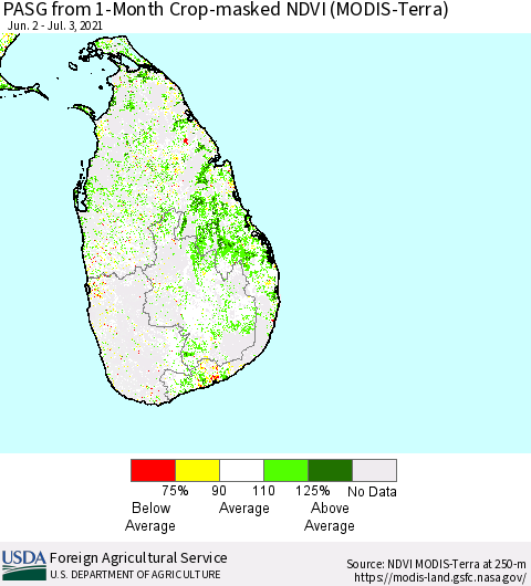 Sri Lanka PASG from 1-Month Cropland NDVI (Terra-MODIS) Thematic Map For 7/1/2021 - 7/10/2021
