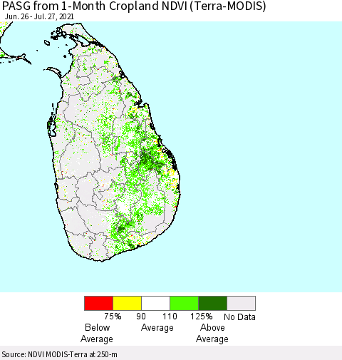 Sri Lanka PASG from 1-Month Cropland NDVI (Terra-MODIS) Thematic Map For 7/20/2021 - 7/27/2021