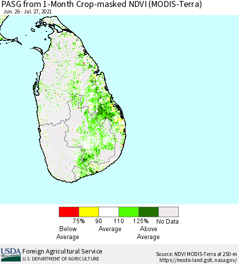 Sri Lanka PASG from 1-Month Cropland NDVI (Terra-MODIS) Thematic Map For 7/21/2021 - 7/31/2021
