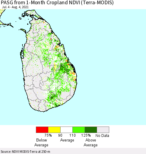 Sri Lanka PASG from 1-Month Cropland NDVI (Terra-MODIS) Thematic Map For 7/28/2021 - 8/4/2021