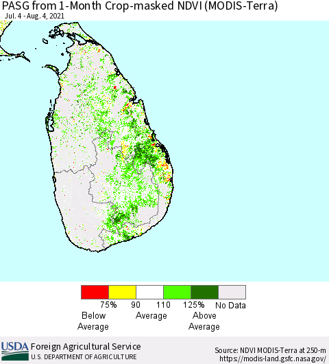Sri Lanka PASG from 1-Month Cropland NDVI (Terra-MODIS) Thematic Map For 8/1/2021 - 8/10/2021